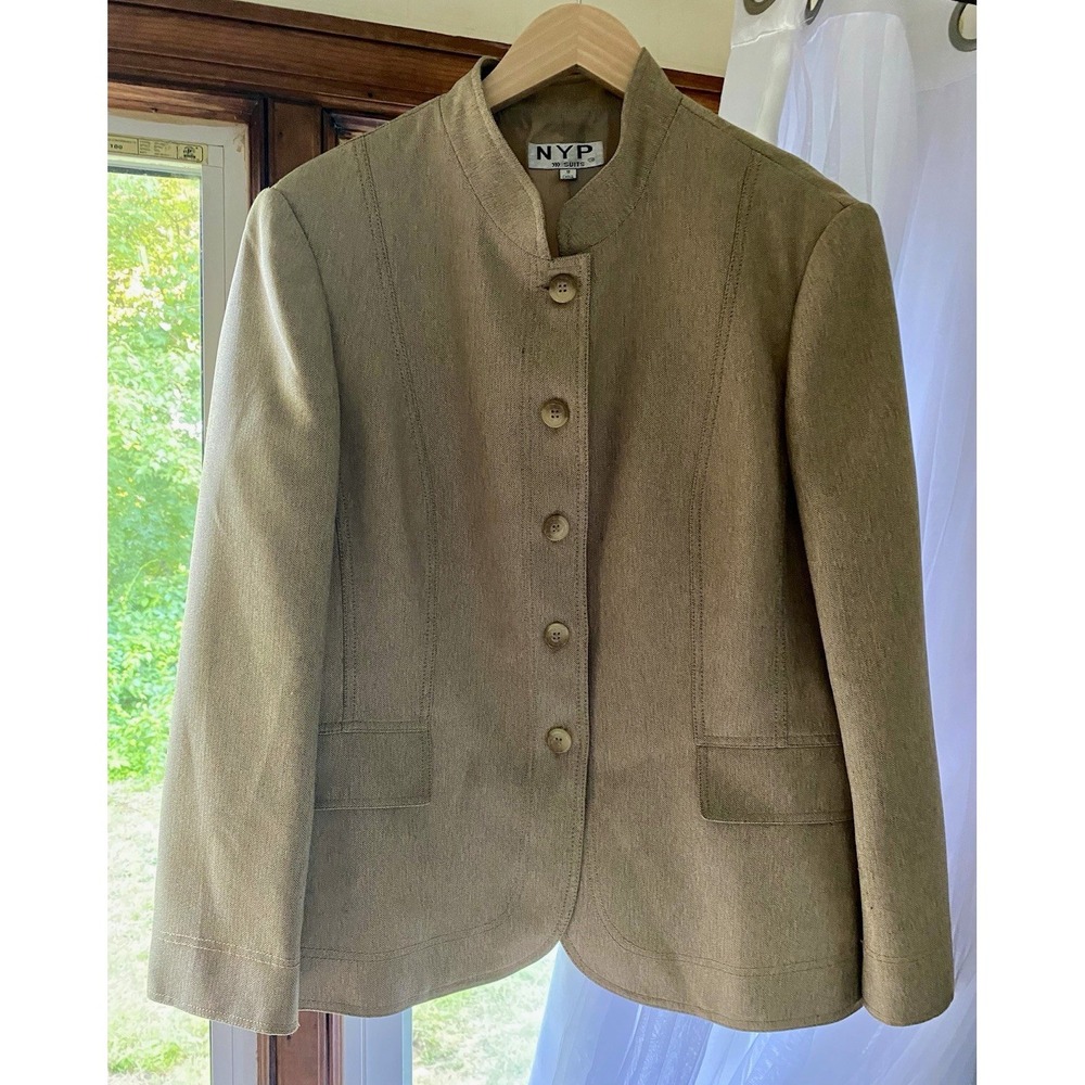NYP Suits Women's Beige Herringbone Lined Band Lapel 5-Button Blazer 18